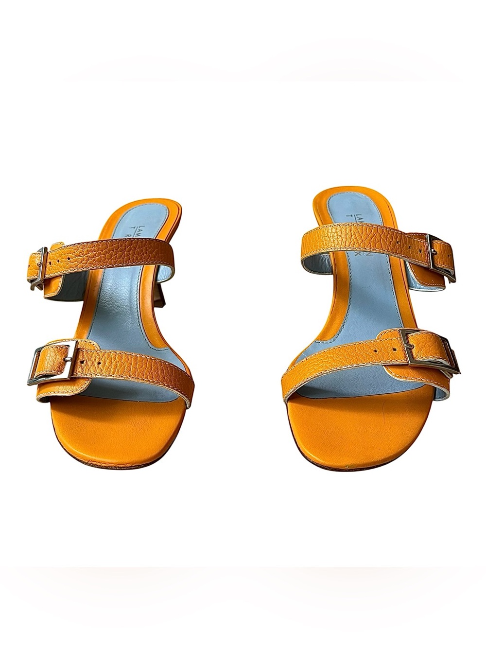 LAMBERTSON TRUEX Marigold Leather Heeled Sandals w/ Buckles - Picture 6 of 16